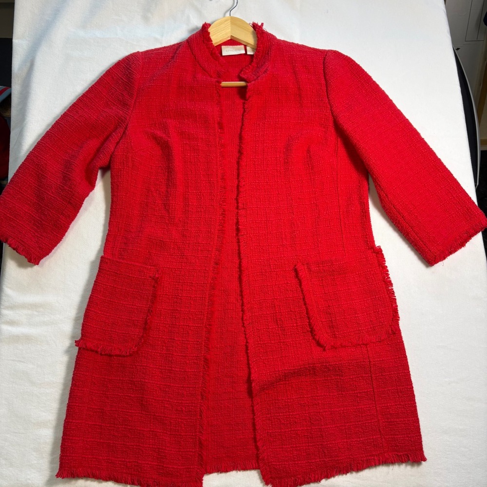 Chico's, Tweed Fringe Open Front Jacket, Red, Size 0, MSRP $150